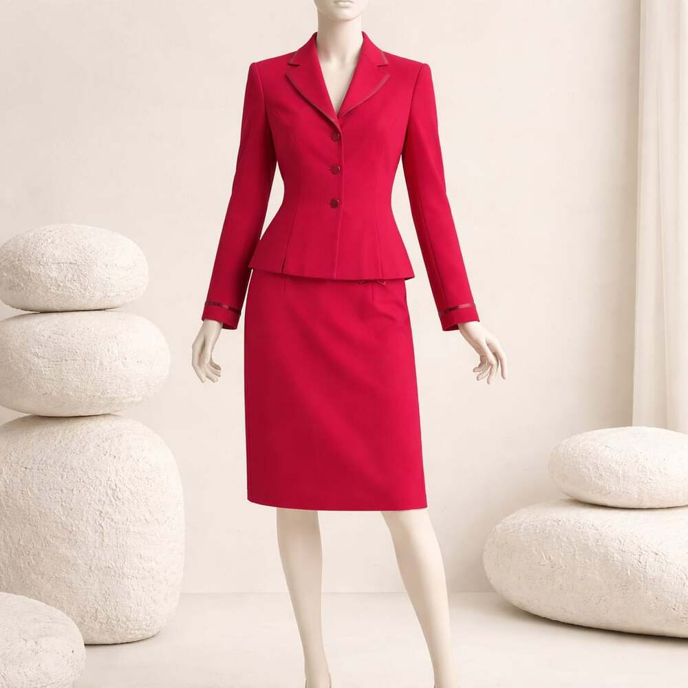 Kasper Petite Red 2-Piece Skirt Suit with Satin Trim and Bow Details Size 2P